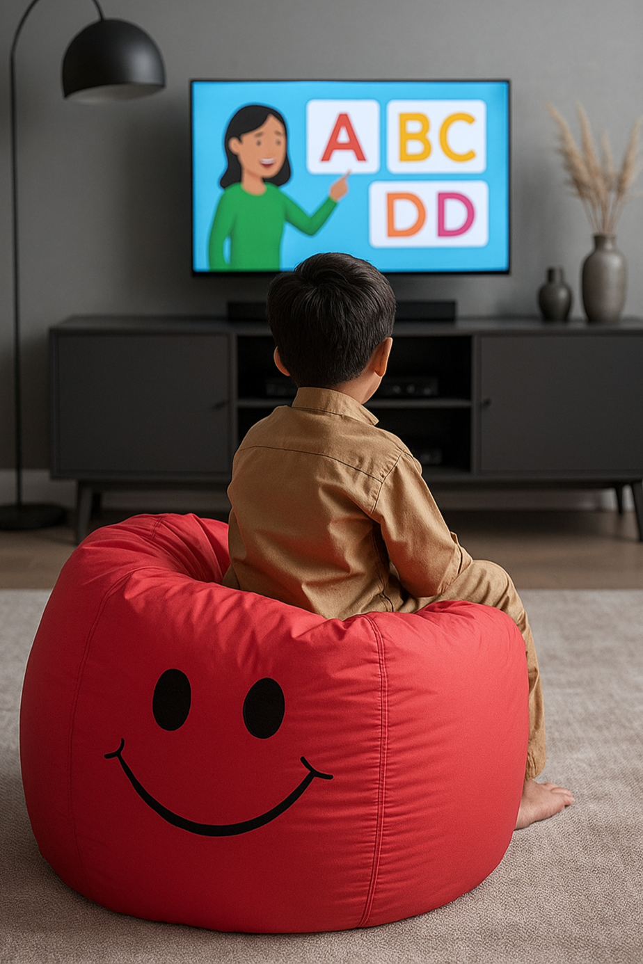 Child sitting on a red bean bag chair watching educational content on a TV.