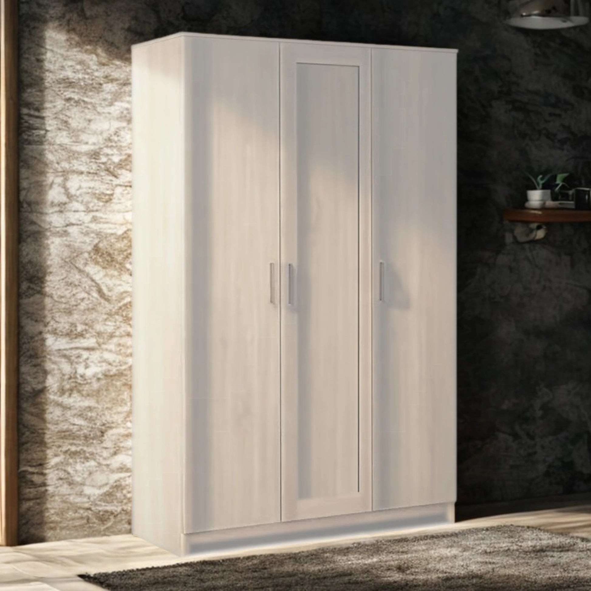 White wardrobe with glass panels against a dark stone wall.