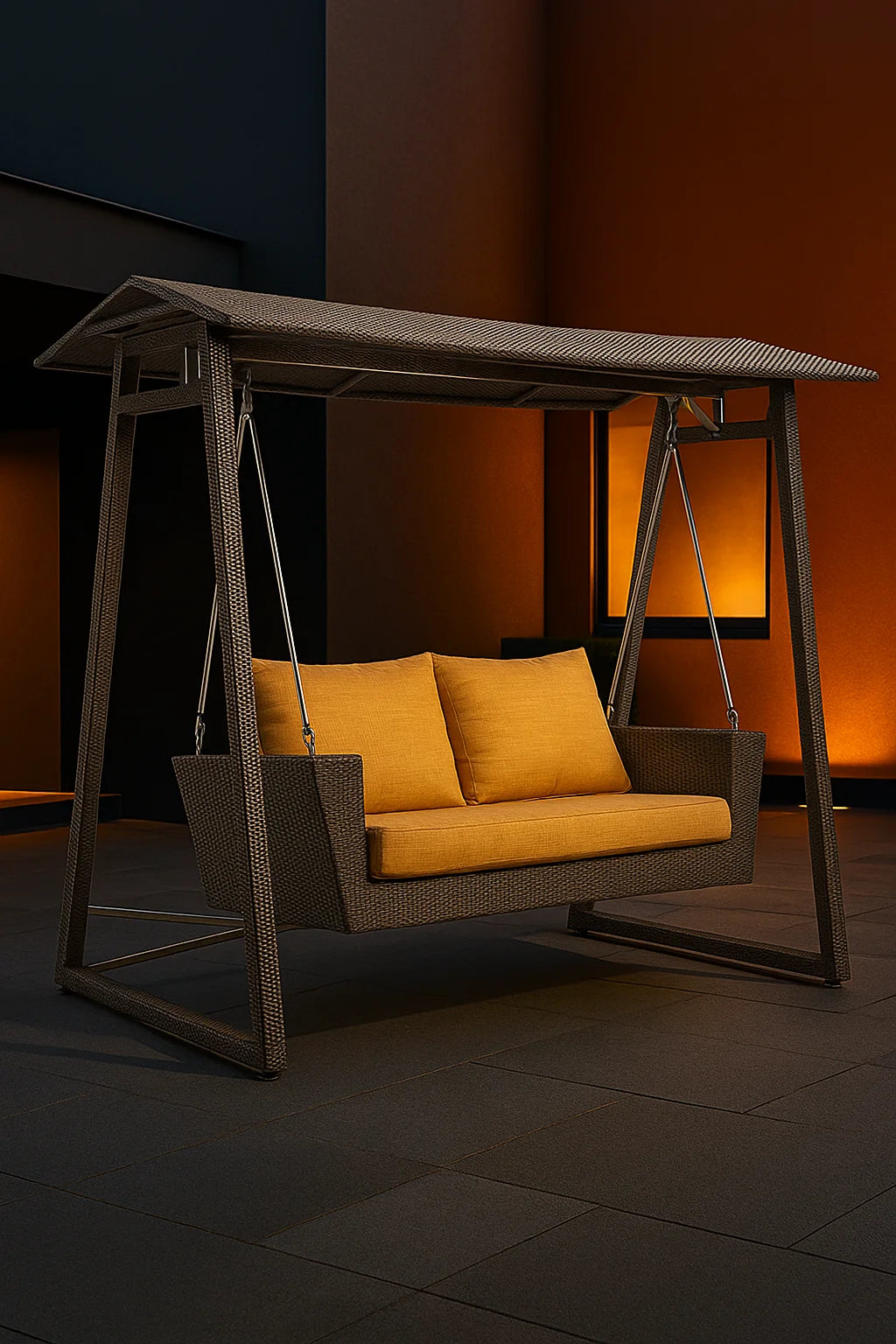 Wicker swing with yellow cushions in a dimly lit room