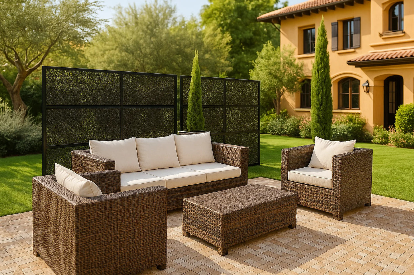 Outdoor patio furniture set with cushions on a patio in front of a house.